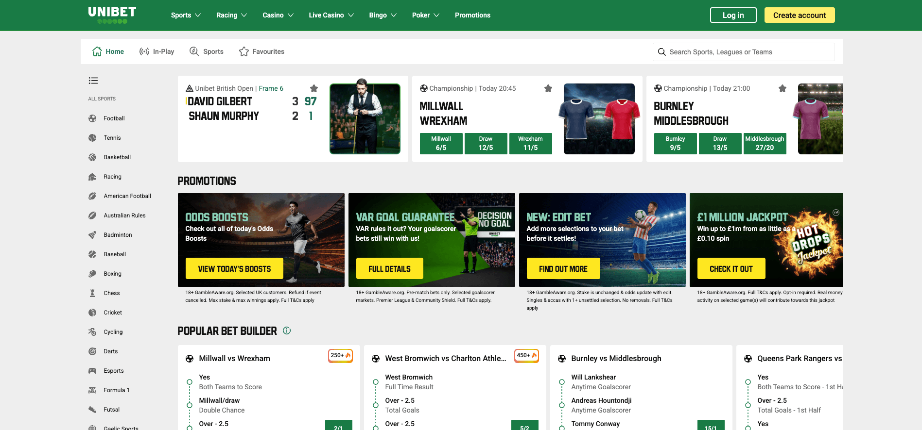 Unibet homepage sports